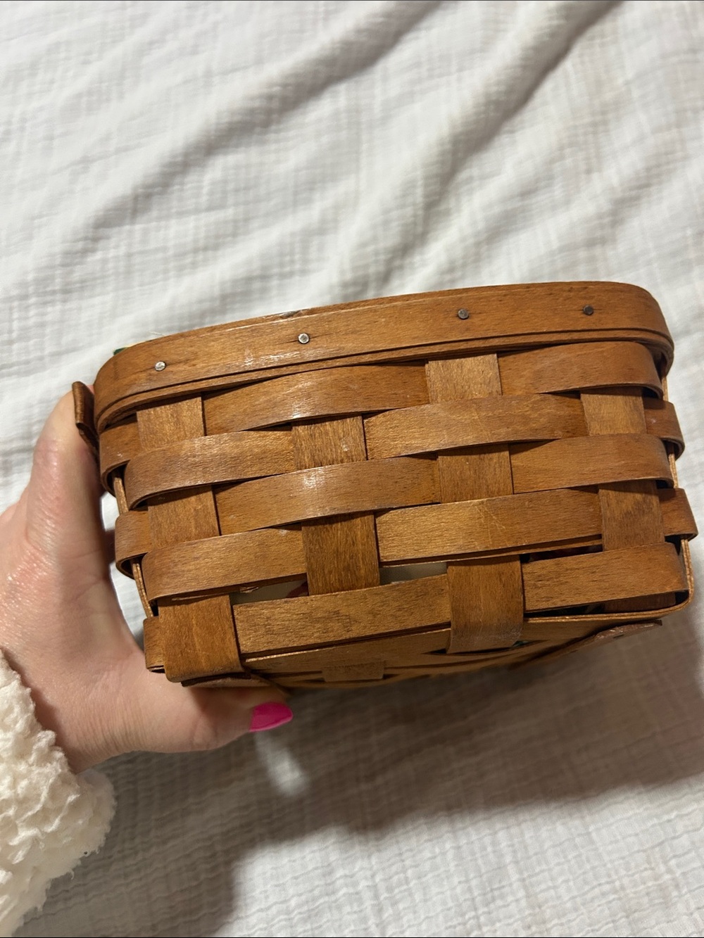 Longaberger VINTAGE Square Basket w/yellow and pink rose florals & plastic liner - Picture 2 of 5